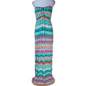 Kenneth Cole Reaction Strapless Maxi Dress Women's XL Ikat Boho Colorful Beach